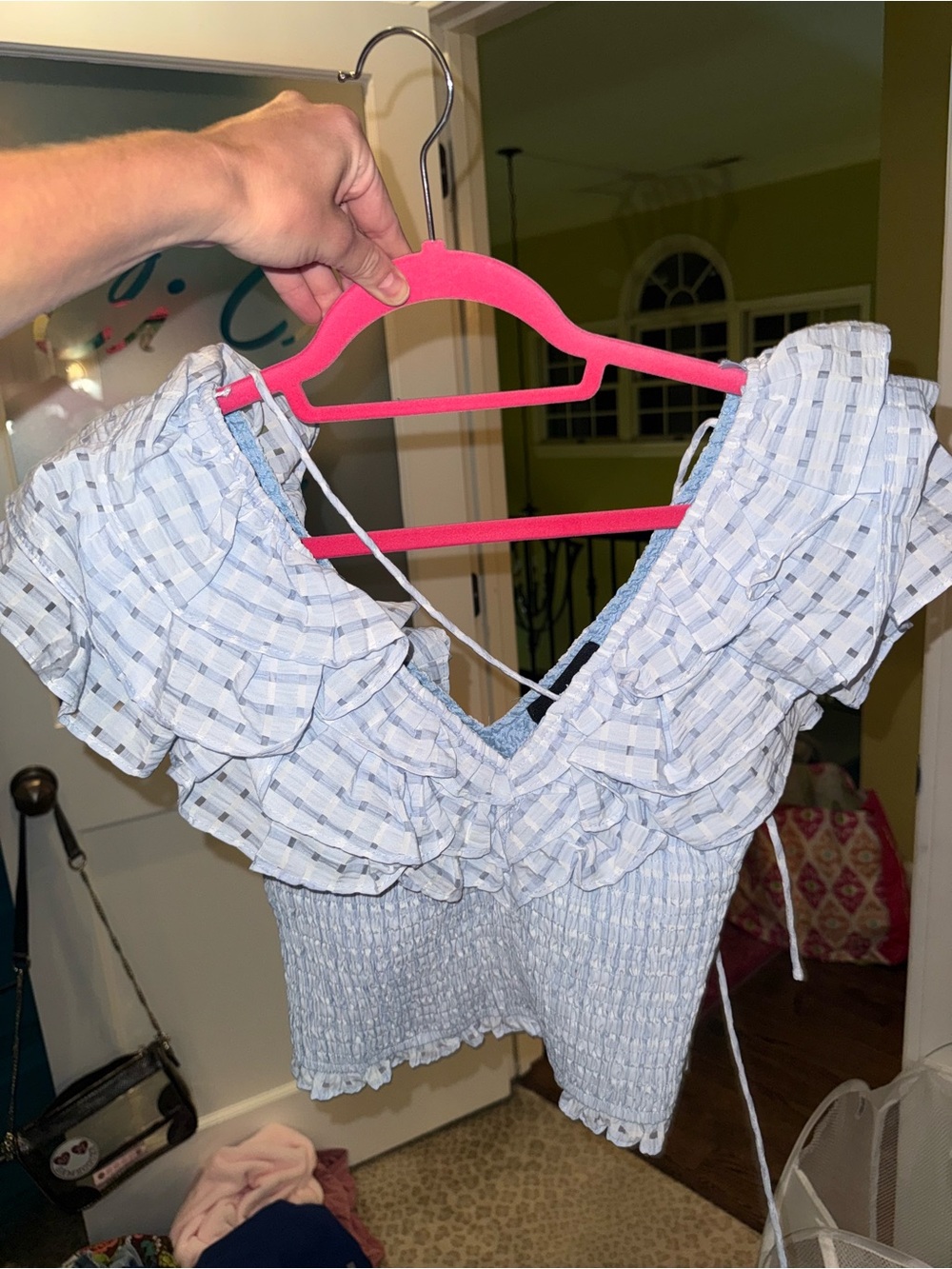 fab'rik Light Blue Ruffled Smocked Crop Top